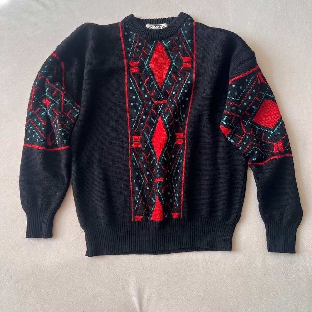 Vintage Sweater Summit County black red green acrylic wool sweater heavyweight